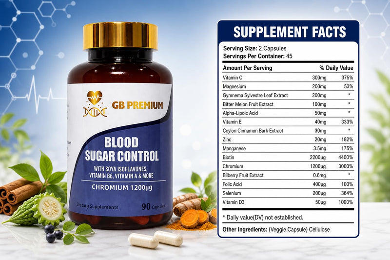 Blood Sugar Control Supplement with Chromium, Folic Acid, Zinc, Magnesium, Selenium, Vitamin E & Vitamin D3, 90 Capsules