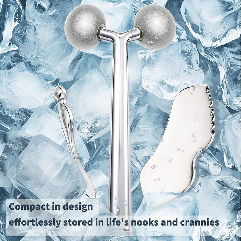 [Australia] - 3-in-1 Stainless Steel Facial Massage Set, Face Roller, Gua Sha Tool, Eye Cream Applicator, Silver,Gifts for Women and Girl Detail Guasha Set 