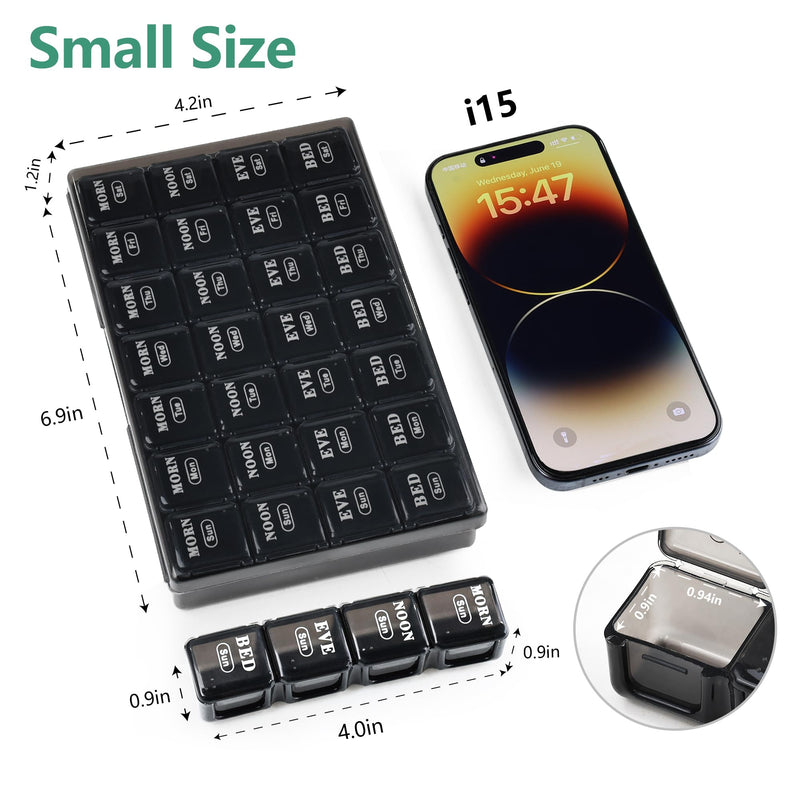 MOLN HYMY Cute Pill Organizer 4 Times a Day, Daily Pill Box 7 Day, 28 compartments, Portable, Travel Friendly Medicine Planner for Vitamins/Fish Oils/Medication/Supplements (Black, Small) Black