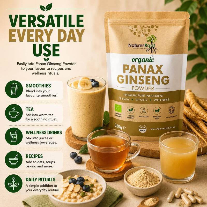 Nature’s Root Organic Panax Ginseng Powder 125g – Premium Botanical Root Powder for Smoothies, Tea & Wellness Drinks – Vegan Friendly Herbal Ingredient – Resealable Pouch