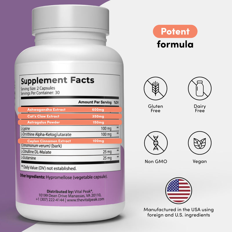 [Australia] - Longevity Peak - Healthy Aging & Cellular Energy Support Supplements for Women & Men - with Ashwagandha, Astragalus, Cat's Claw, Ceylon Cinnamon, L-Lysine, L-Glutamine & More - 60 Capsules 