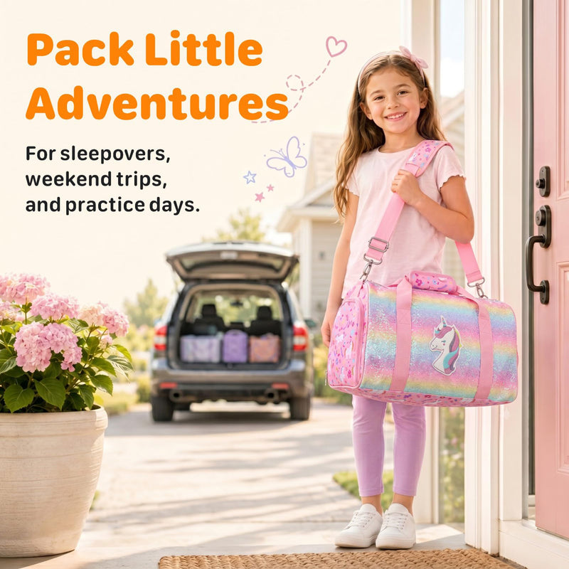 Kids Travel Duffle Bag - Weekender Bag for Girls 3-8 Year Olds | Dance Ballet Gym Overnight Bag with Adjustable Padded Strap, Dry&Wet and Shoe Area, Includes a Laundry Bag, Pink Unicorn 01 Pink Unicorn Medium-25L(Ages 3-8)