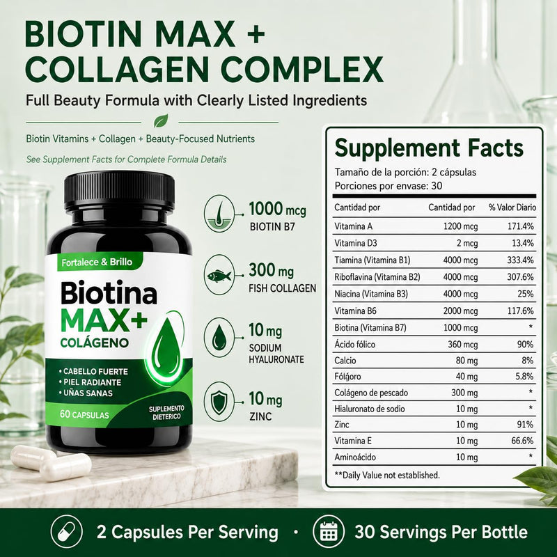 Biotina Max Colageno, Biotin and Collagen Supplements with Biotina B7 & Vitamins, Biotin for Hair Growth Women, Improve Skin and Nails, 60 Capsules Green