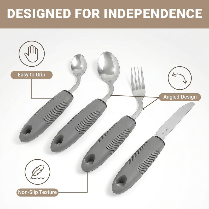 Cutlery for Arthritic Hands: 4PCS Stainless Steel Easy Grip Cutlery Adult (Right Hand) for Disabled Hands, Adults, Elderly with Parkinson's（Gray） Gray