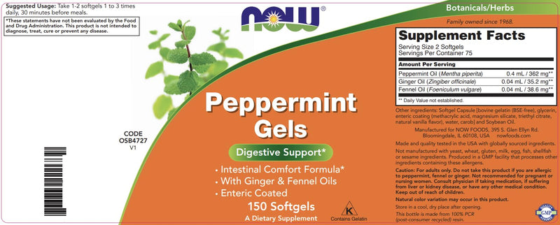 [Australia] - NOW Peppermint Gels with Ginger Oil and Fennel Oil, 150 Softgels, Enteric Coated 