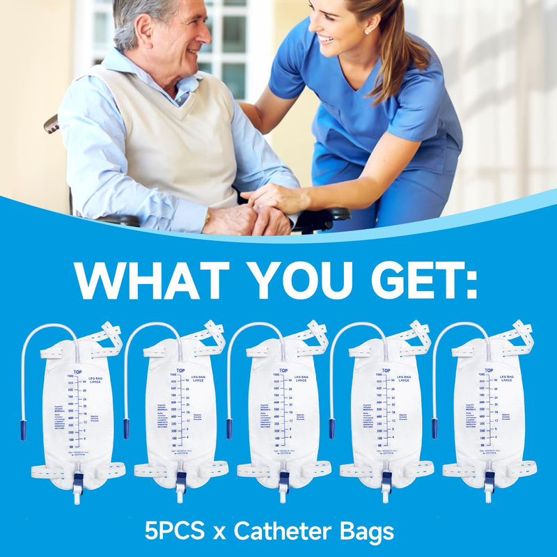 [Australia] - Catheter Bags for Men with 5PCS, Foley Catheter Leg Bags for Men 1000ML, Urine Bags for Easy Flip Drain Design 
