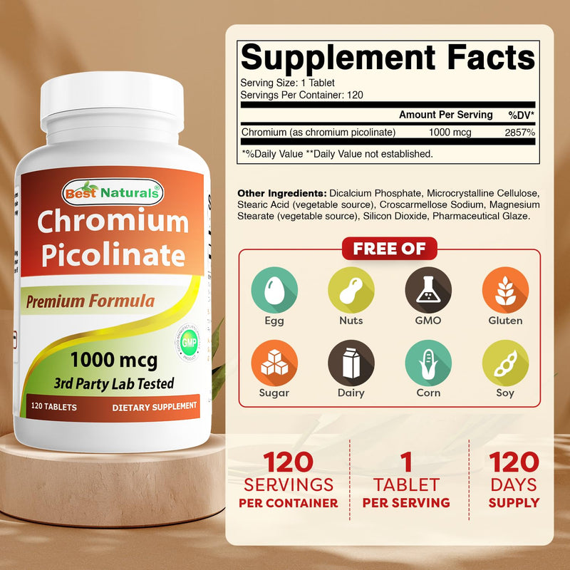 [Australia] - Best Naturals Chromium Picolinate 1000 mcg 120 Tablets (120 Count (Pack of 2)) Unflavored 240 Count (Pack of 1) 