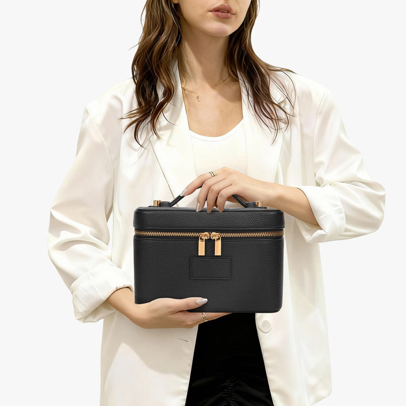 Makeup Bag Vanity Case with Removable Divider Travel Toiletry Bag Portable Cosmetic Bag Makeup Organizer Case (Black) Black