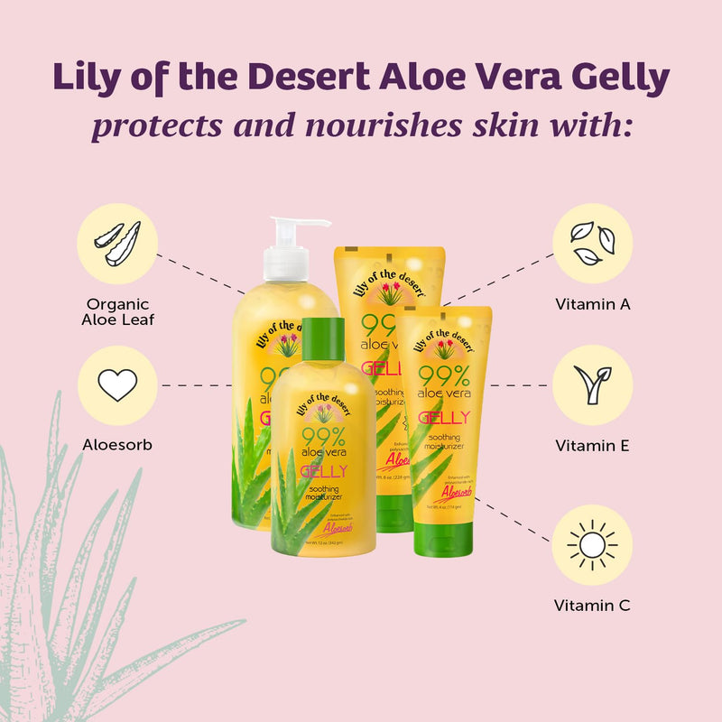 Lily Of The Desert Gelly Moisturizer - 99% Organic Aloe Vera Gel for Skin, After Sun Care with Aloe, Vitamin E Oil, and Vitamin C for Sunburn Relief, 12 Fl Oz (Pack of 2) Lily 12 Ounce (Pack of 2)
