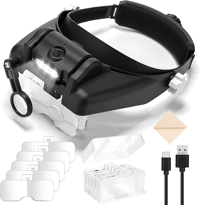 Beileshi Head Mounted Magnifier,1x-6x,8X Head Magnifying Glass with LED Light with Cold and Warm Light Source, Professional Jeweler's Loupe Light
