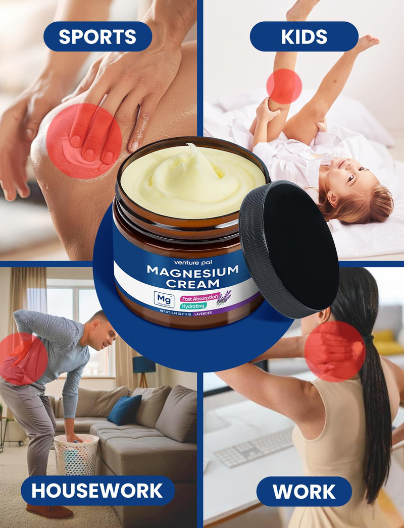 Venture Pal Topical Magnesium Cream, Highly Concentrated Magnesium Lotion | Fast-Absorbing Magnesium Moisturizing Cream with Coconut Oil, Shea Butter & Hyaluronic Acid; Suitable for Kids 4 Fl Oz (Pack of 1) V1-Lavender