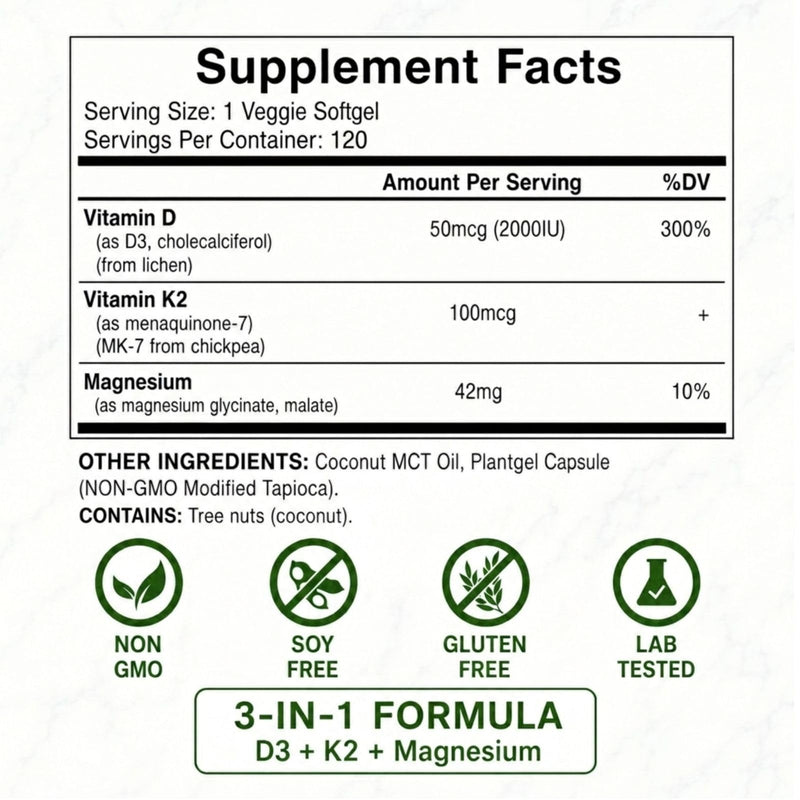 Vitamin D3 + K2 with Magnesium 2000iu (100mcg) MK-7 Glycinate & Malate Supplement 120 Softgels w/Coconut Oil 120 Count (Pack of 1)