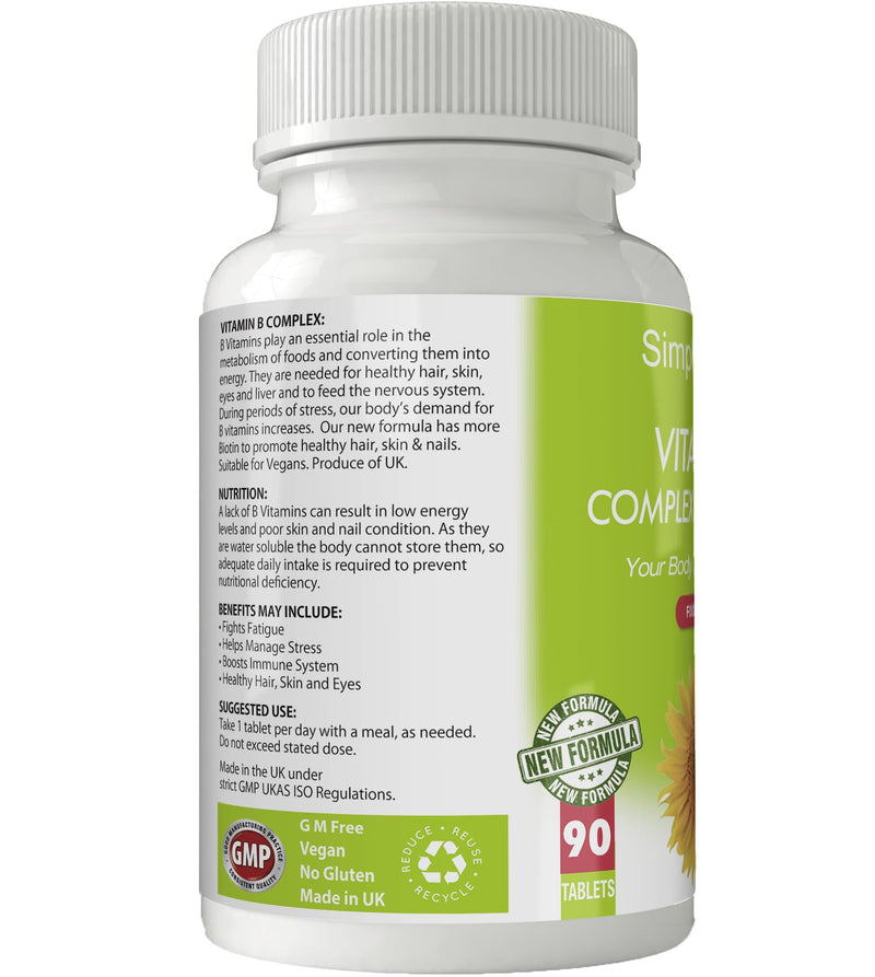 Vitamin B Complex with Biotin for Tiredness, Hair Strength & Growth and Immunity Boost | New Formula | 195mg Tablets x 90 | Gluten Free | GM Free | Vegan
