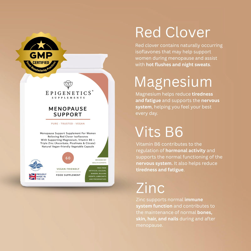 Menopause Support | Red Clover Isoflavones 200mg | with Magnesium, Vitamin B6 & Triple Zinc Complex | Daily Women's Supplement | No Added Fillers or Additives | 60 Vegan Capsules | UK Made