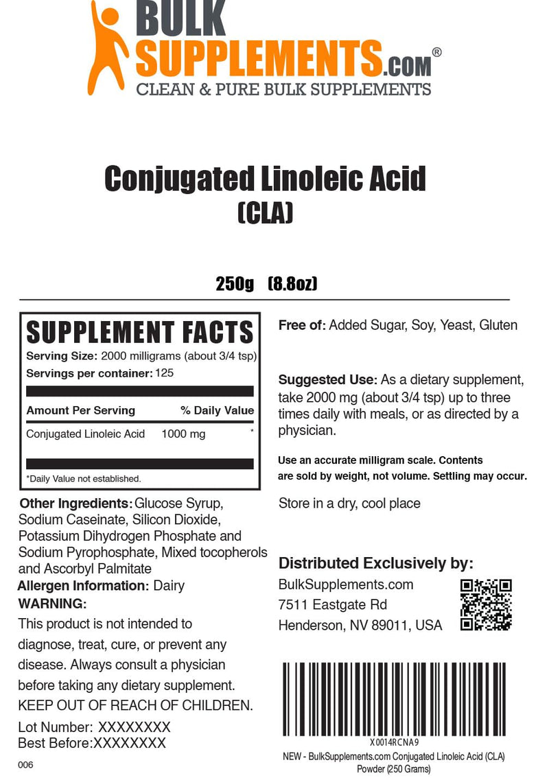 [Australia] - BulkSupplements.com Conjugated Linoleic Acid Powder - CLA Conjugated Linoleic Acid, CLA Supplements, CLA Powder - Gluten Free, 2000mg per Serving, 250g (8.8 oz) (Pack of 1) 125 Servings (Pack of 1) 