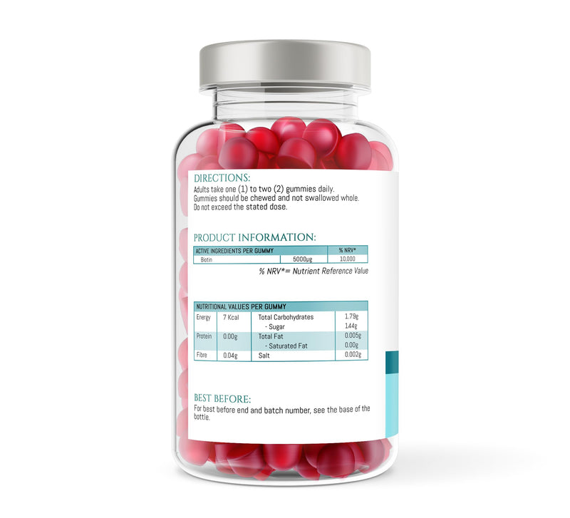 Biotin 5000ug Hair, Skin & Nail Vitamin Gummy | 60 x Vegan Strawberry Flavoured chewable Gummies for Men & Women | Beard, Hair, Skin & Nail Supplement