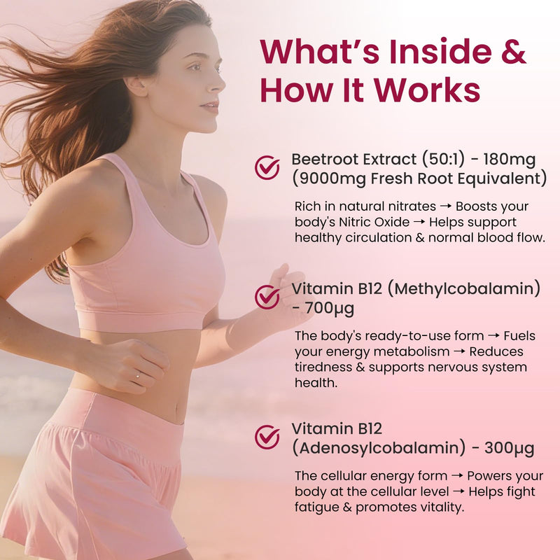 VELOTO Beetroot Capsules with Vitamin B12, High Strength 9000mg 50:1 Extract, 1000mcg Dual Active B12 Methylcobalamin & Adenosylb12, Vegan, Supports Energy Circulation & Immune Function, 120 Capsules