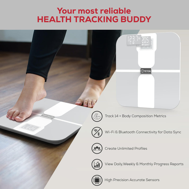 Smart Scale WiFi for Body Weight with ChatGPT Integration,Teton Digital Bathroom Scale Accurately Tracks 15 Body Metrics-BMI,Body Fat,Muscle Mass for Fitness,Compatible Teton Scale App,400lb White