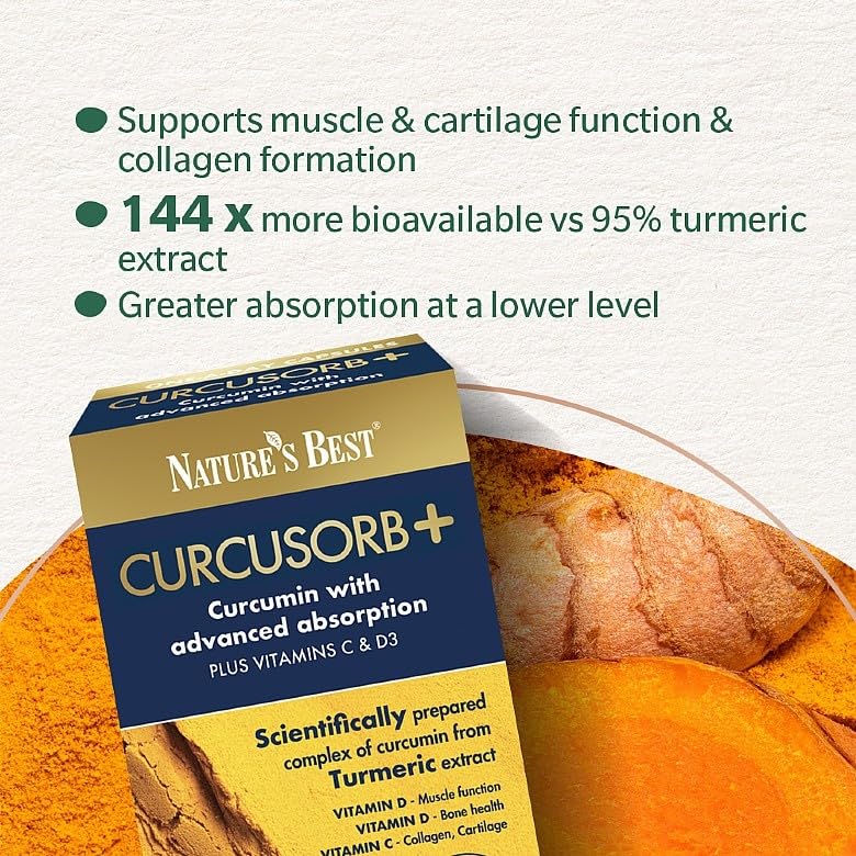 Nature’s Best Curcusorb+ - Highly Absorbable Curcumin Complex with Vitamin D3 & Vitamin C - Joint, Muscle, Cartilage & Immune Support - 60 Capsules (2 Month Supply)