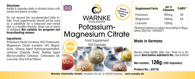 [Australia] - Potassium-magnesium citrate 100 capsules, high dosage, vegan, organic minerals, highly bioavailable | Warnke vital substances - German pharmacy quality 