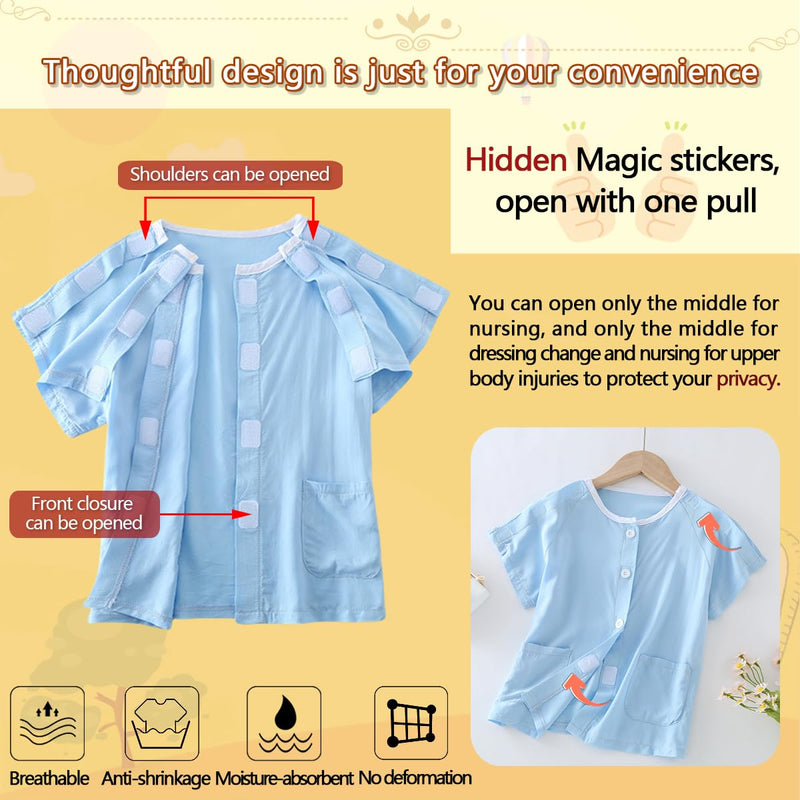 [Australia] - Children Tear Away Short Sleeve,Post Surgery Magic Stickers Shirts,Recovery Clothes,Kids Patient Clothing Blue 130 