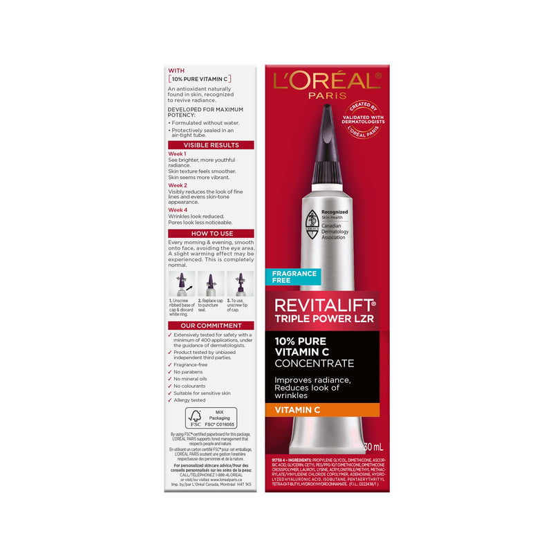 L'Oreal Paris Revitalift 10% Pure Vitamin C Face Serum for Brighter Skin & Reduced Wrinkles, Fragrance Free, 1 0z. 1 Ounce (Pack of 1)