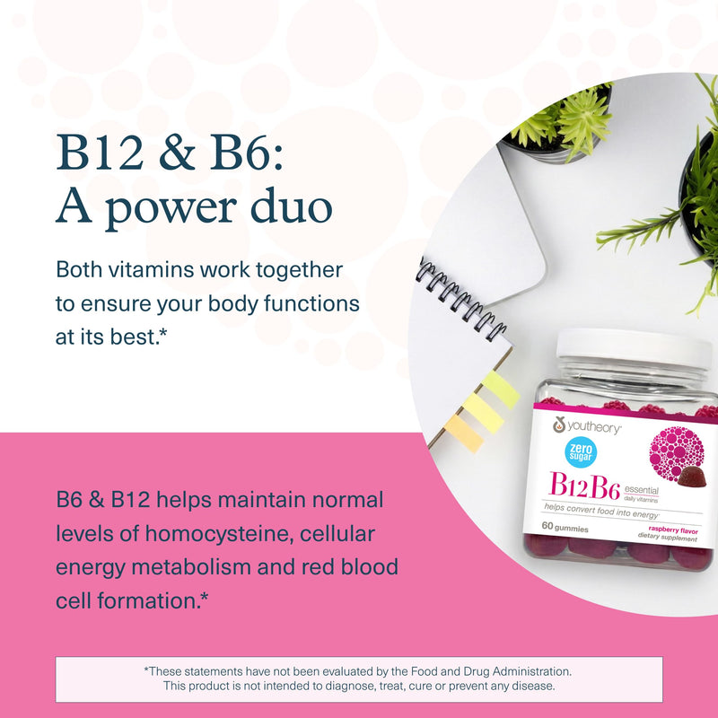Youtheory B12B6 Zero Sugar Gummy, Raspberry Flavor, 60 Vegetarian Gummies | Vegan Vitamin B6 and Vitamin B12, Offers Brain Health, Energy, and Immunity Support*, Dairy, Soy, and Gluten-Free 60 Count (Pack of 1)