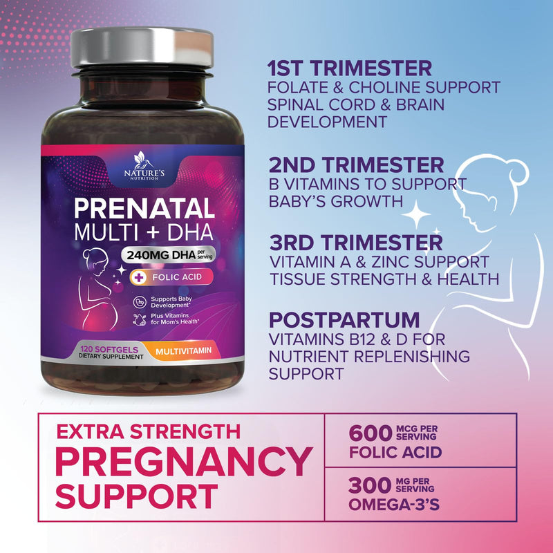 Prenatal Vitamins for Women with Folic Acid + Omega 3 DHA for Fetal Brain Development, Best Prenatal Vitamin Supplement, Daily Pregnancy Multivitamin Nutritional Support, Non-GMO - 120 Softgels 120 Count (Pack of 1)