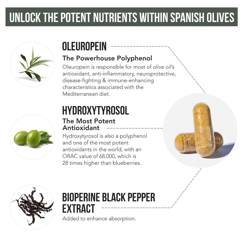 [Australia] - Total Olive® - Olive Leaf Extract (40% Oleuropein) Plus Olive Fruit Extract (20% Hydroxytyrosol) – Full Spectrum Extract Grown & Extracted in Spain – BioPerine Absorption Enhancement (60 Count) 