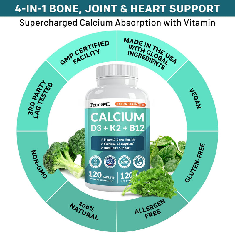 PrimeMD 4-in-1 Calcium 1200mg, Vitamin D3 K2 5000IU, Vegan Non-GMO, 120ct | Bone Health and Everyday Vitality Support, Extra Strength Calcium with Vitamin D3 and K2, Vegan, Non-GMO, Calcium Supplement 120 Count (Pack of 1)