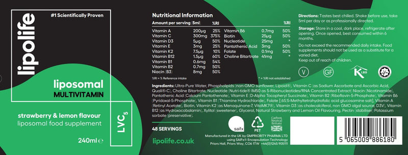 Liposomal Vegan Multivitamin | Higher Absorption, Scientifically Proven | Advanced Formula. Strawberry and Lemon Flavour. 240ml. for Your Family's Immune Health. Lipolife