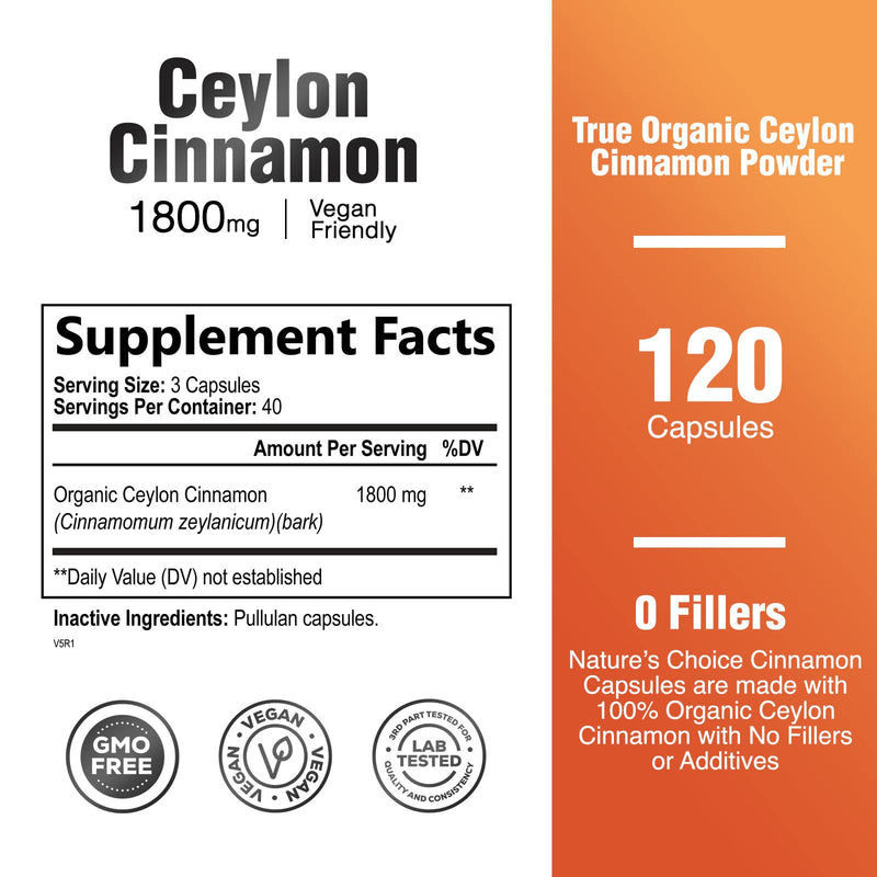 [Australia] - Ceylon Cinnamon Capsules - Certified Organic Cinnamon Pills, Non-GMO, Dairy & Gluten Free, Sri Lanka Cinnamon Powder Supplement, Vegan True Cinnamomum Vitamins, Sugar Free, 120 Count Cinnamon Capsules 120 Count (Pack of 1) 