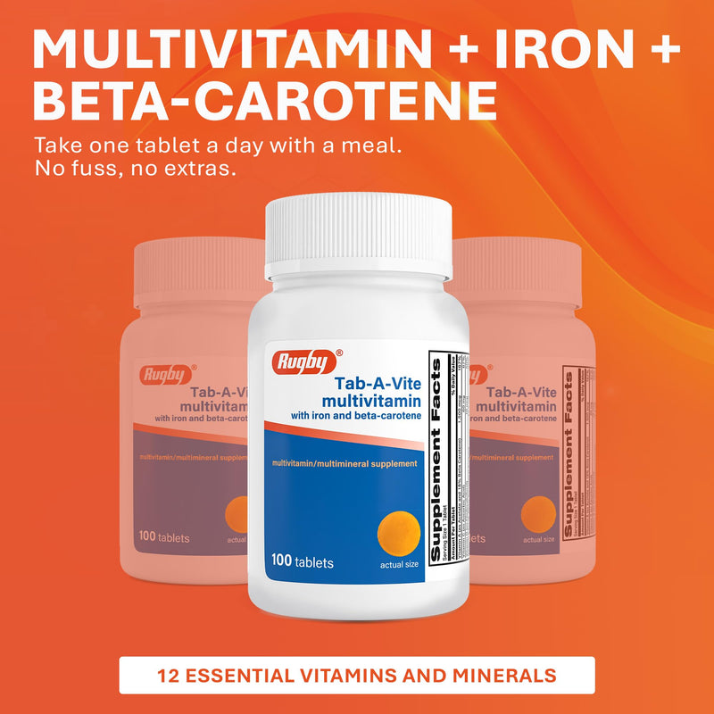 Rugby Tab-A-Vite Multivitamin with Iron and Beta-Carotene, 100 Tablets | Daily Multivitamin, Bone Health, Energy, and Immunity Support for Adults, Multimineral Supplement