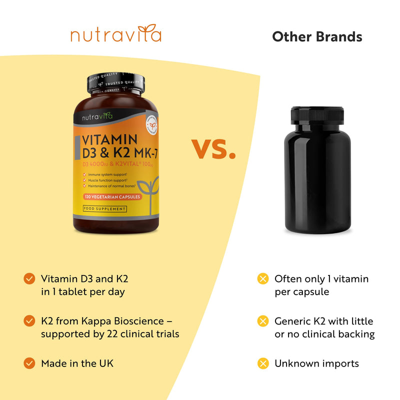 Nutravita Vitamin D3 4000 IU & K2 100μg MK7 (K2VITAL®) - 120 VIT D Capsules not Tablets - Vitamin D3 K2 Supplements - D3K2 Immune Support Supplements - VIT D K2 - Cholecalciferol, K2 MK7 - Made in UK