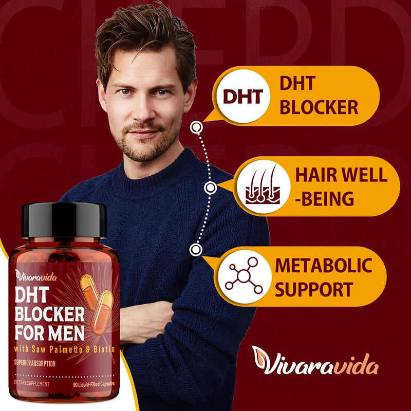 DHT Blocker for Men | Hair Growth Supplement with Saw Palmetto & Biotin - Hair Growth Vitamins - Hair Regrowth - Natural Hair Loss Supplements Liquid-Filled - Proprietary Herbal Blends (90 Capsules) 90 Count (Pack of 1)