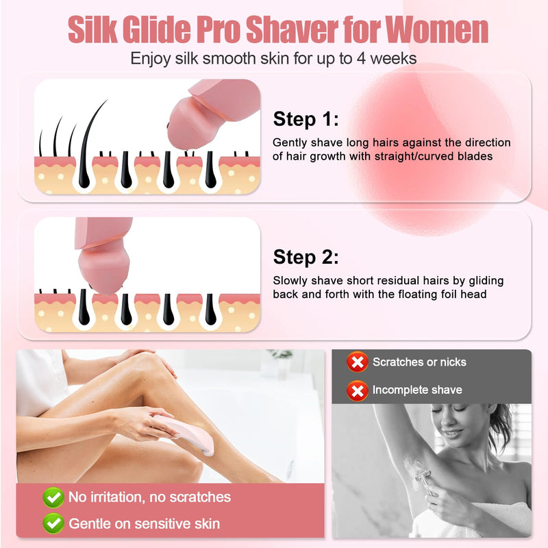 [Australia] - Livora Electric Shaver for Women, The Silk Glide Pro 3.0 Razor, Dusk Razor for Women, 2 in 1 Wet & Dry Painless Hair Removal with 2 Removable Heads for Bikini, Leg, Armpit, Body (Pink) 
