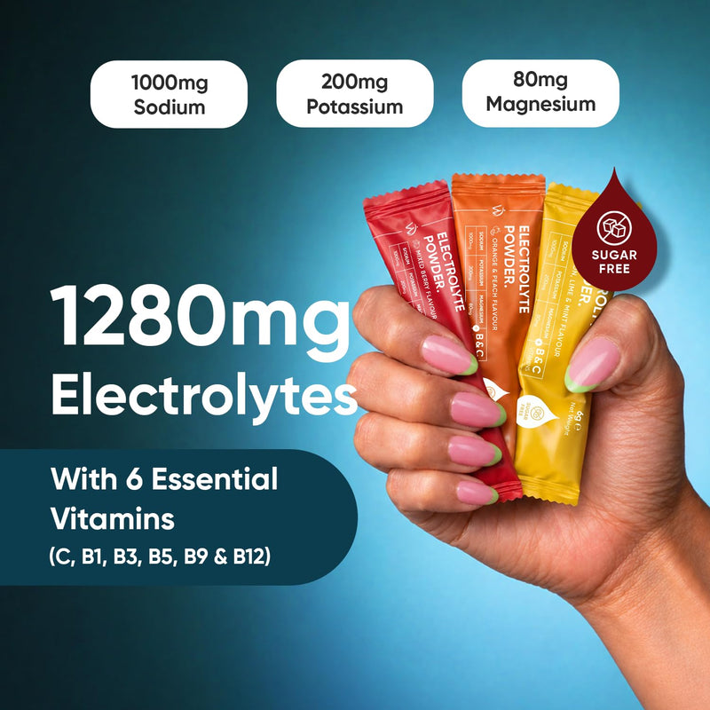 Electrolytes Sachets 1280mg - Pack of 30 - Sugar-Free - 1000mg Sodium, 200mg Potassium & 80mg Magnesium - 6 Vitamins (C, B1, B3, B5, B9 & B12) - 3 Delicious Flavours - Vegan Electrolyte Powder Sachets