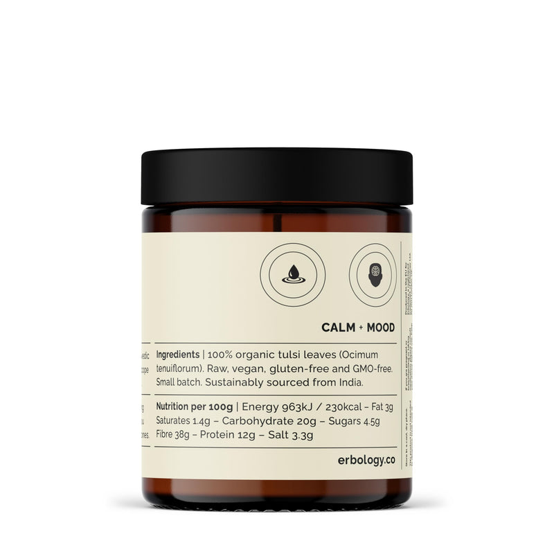 [Australia] - Erbology 100% Organic Tulsi Powder 90g - 90 Servings - Holy Basil - Calm and Mood - Straight from Farm - Raw, Vegan and Gluten-Free - Non-GMO - No Additives or Preservatives - Recyclable Glass Jar 