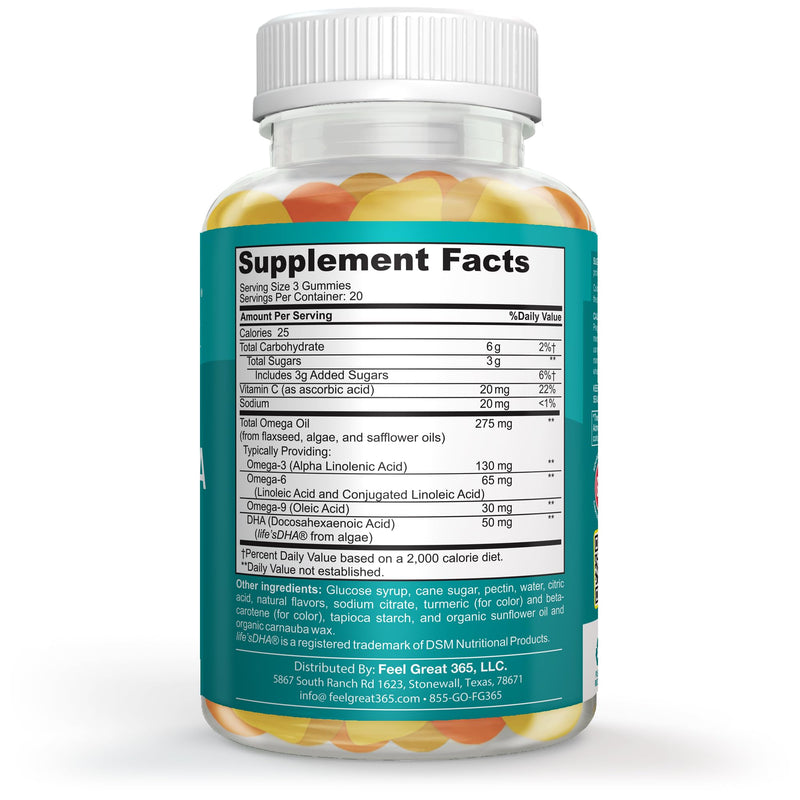 Feel Great Omega 3 6 9 + DHA Gummies for Kids & Adults, Vegetarian, 60ct | Plant-Based Omega 3 6 9 + DHA for Brain & Immune Support, Vitamin C & Chia, Fish Oil Alternative, Vegetarian, Gluten-Free