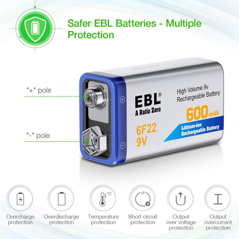 EBL 4 Bay 9V Lithium ion Battery Charger with 4 Packs 600mAh 9V Li-ion Rechargeable Batteries