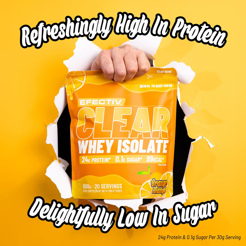 Efectiv Nutrition Clear Whey Isolate Protein Powder 600g - Whey Isolate with 24g Protein per 30g Scoop, Less Than 100 Calories - Juicy Alternative (600g, Orange Mango)