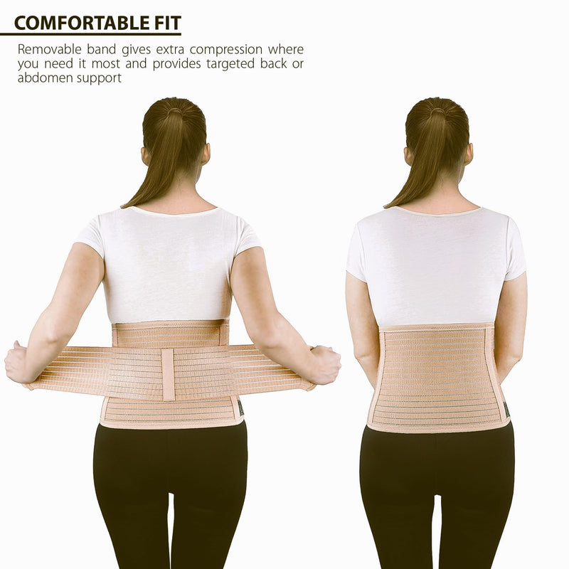 ORTONYX Ergonomic Abdominal Binder Waist and Lower Back Support Belt, Back Brace for Women & Men - Breathable, Elastic, With Extra Band - Beige S/M S/M (up to 32")