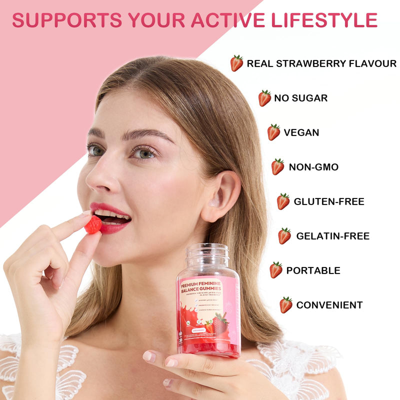 Vaginal Probiotic Feminine Gummies for Women – pH Balance Support & Vitamin C, Strawberry Flavor, Vegan, Sugar-Free, Non-GMO, 60 Gummies (30 Servings)