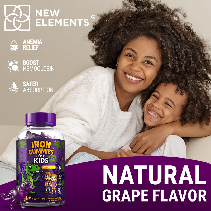 [Australia] - Iron Dinosaur Gummies for Kids with Vitamin C | Sugar-Free, Vegan, Gluten-Free & Non-GMO | Anemia Relief, Energy & Blood Health Support | Grape Flavor, Pectin-Based for Optimal Health 60 Count (Pack of 1) 