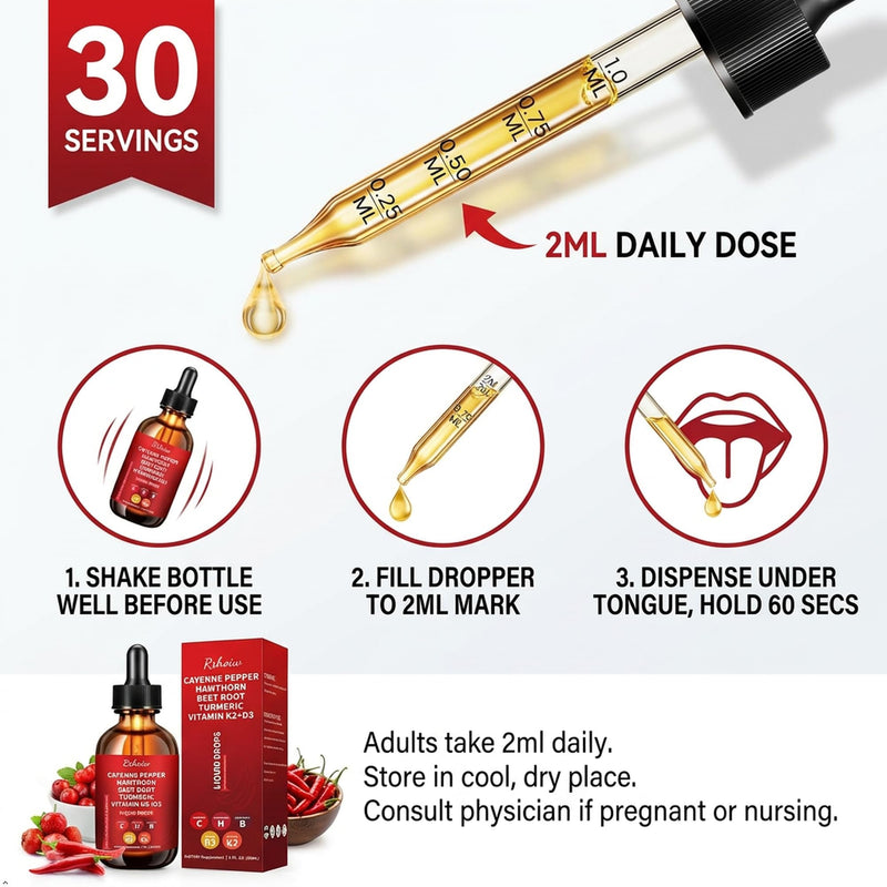 Cayenne Pepper Drops Supplement Liquid with Hawthorn Berry, Vitamin D3 K2, Turmeric Curcumin, Beet Root, Ceylon Cinnamon Vegan- Friendly - 60ml