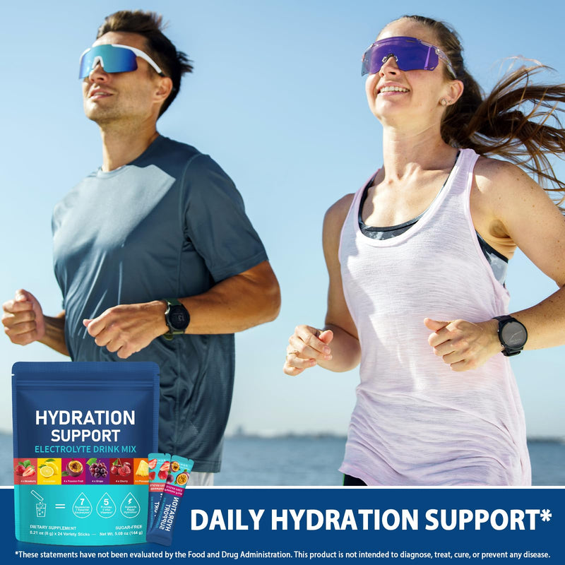 Hydration Support Electrolyte Powder – 24 Variety Sticks – 7 Essential Electrolytes & 5 Vital Vitamins – Sugar-Free & Low Calorie – Supports Energy & Reduces Tiredness