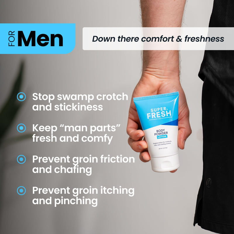 Super Fresh Body Powder Lotion, Talc Free Anti-Chafing, No Mess, 4oz 2-Pack | Talc Free Anti Chafing Deodorizing No Mess Body Powder Cream, Men and Women Natural, Sweat and Odor Protection 4 fl oz 2-Pack 4 Fl Oz (Pack of 2)