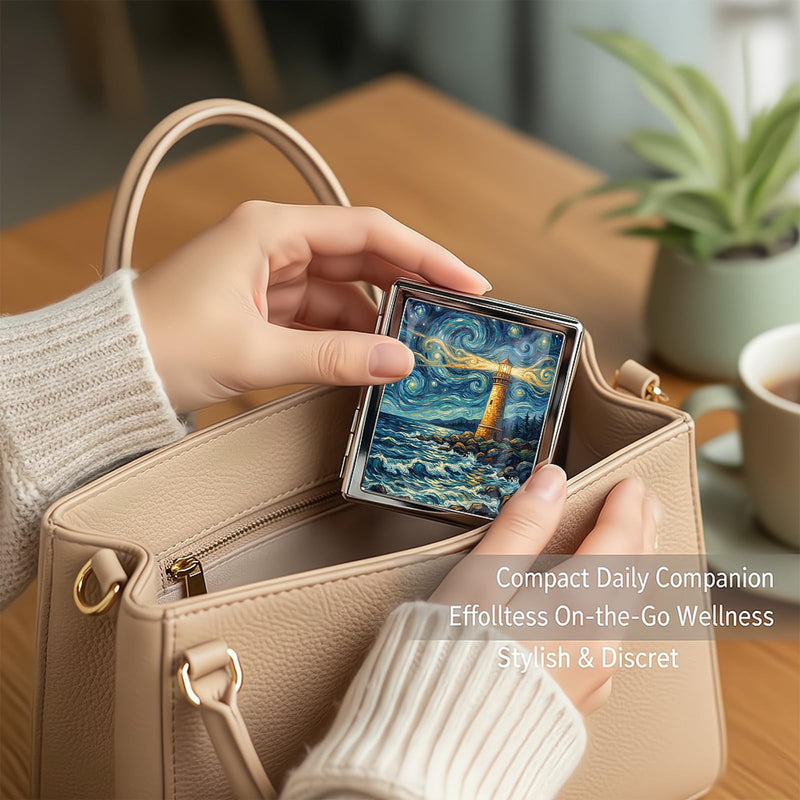 Metal 7 Day Pill Organizer, Cute Small Weekly Pill Case with 8 Compartments for Travel, Moisture-Proof Medicine Holder for Purse, Compact Daily Vitamin Box (Lighthouse Night) Lighthouse Night