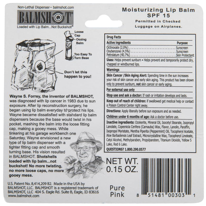 BALMSHOT Moisturizing Beeswax Lip Balm Pink (Vanilla Mint) SPF 15 - Chapstick with Aloe & Vitamin E, 20-Gauge Brass Shotgun Shell Tube, Made in USA