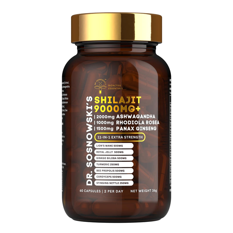 Dr. Sosnowski's BioActive Shilajit Blend with Ashwagandha, Rhodiola Rosea, Lions Mane, Panax Ginseng, Royal Jelly, Ginkgo Biloba, Turmeric, Bee Propolis, Cordyceps and Stinging Nettle| 60 Capsules Shilajit Capsules 60pcs